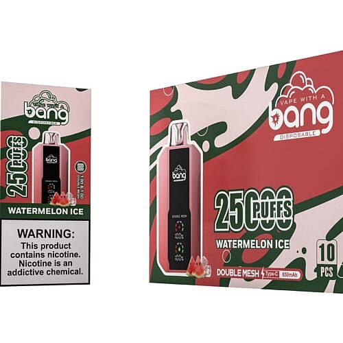 Disposable vape device and packaging featuring "Bang" branding, watermelon ice flavor, and a warning label about nicotine addiction.