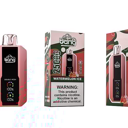 Disposable vape device and packaging featuring "Bang" branding, watermelon ice flavor, and a warning label about nicotine addiction.