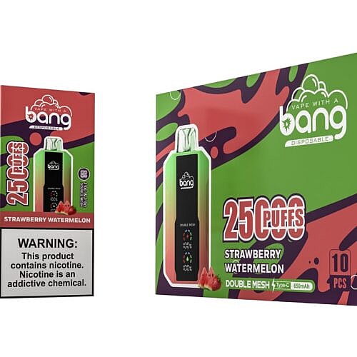 Disposable vape device packaging with a green and red gradient design, labeled "Bang" and "Strawberry Watermelon," featuring warnings about nicotine content.