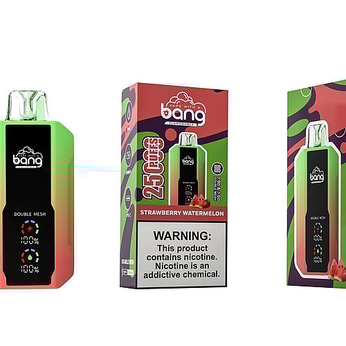 Disposable vape device packaging with a green and red gradient design, labeled "Bang" and "Strawberry Watermelon," featuring warnings about nicotine content.