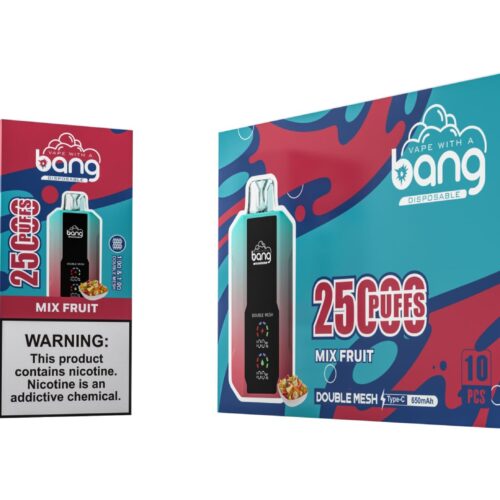 Packaging of "Bang" disposable vape with a "Mix Fruit" flavor, featuring a device and box with colorful design elements, 25,000 puffs label, and a nicotine addiction warning.