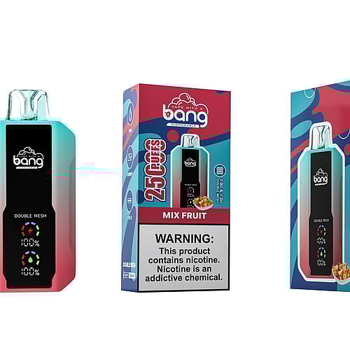 Packaging of "Bang" disposable vape with a "Mix Fruit" flavor, featuring a device and box with colorful design elements, 25,000 puffs label, and a nicotine addiction warning.