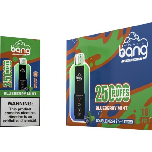 Disposable vape device and packaging featuring the brand "Bang," with "Blueberry Mint" flavor, offering 25,000 puffs, and a warning about nicotine being an addictive chemical.