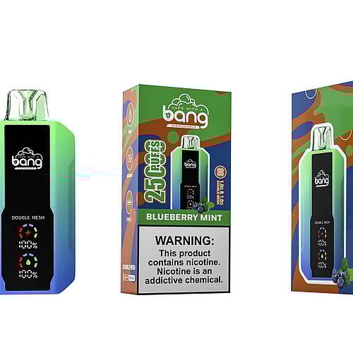 Disposable vape device and packaging featuring the brand "Bang," with "Blueberry Mint" flavor, offering 25,000 puffs, and a warning about nicotine being an addictive chemical.