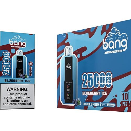 Bang disposable vape with a "Blueberry Ice" flavor, featuring 25,000 puffs, a double mesh coil, and a warning label about nicotine addiction.
