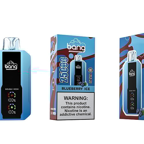 Bang disposable vape with a "Blueberry Ice" flavor, featuring 25,000 puffs, a double mesh coil, and a warning label about nicotine addiction.