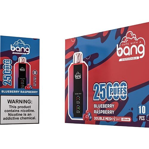 Bang disposable vape device packaging with "Blueberry Raspberry" flavor, displaying "25,000 puffs" and a nicotine warning label.
