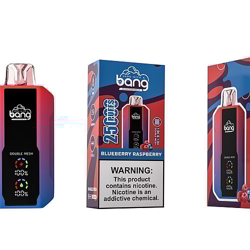 Bang disposable vape device packaging with "Blueberry Raspberry" flavor, displaying "25,000 puffs" and a nicotine warning label.