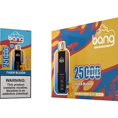 Bang disposable vape device and packaging, featuring "Tiger Blood" flavor with 25,000 puffs and nicotine warning labels.