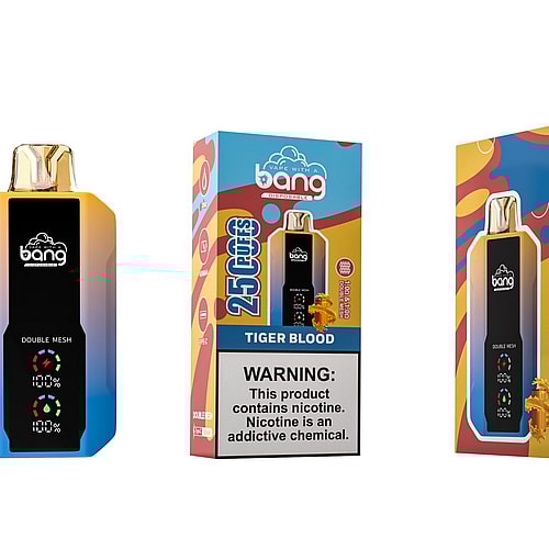 Bang disposable vape device and packaging, featuring "Tiger Blood" flavor with 25,000 puffs and nicotine warning labels.