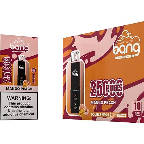 Bang disposable vape with a mango peach flavor, featuring 25,000 puffs, double mesh, and Type-C charging. Warning label states the product contains nicotine, an addictive chemical.