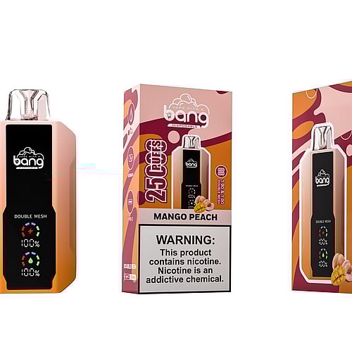 Bang disposable vape with a mango peach flavor, featuring 25,000 puffs, double mesh, and Type-C charging. Warning label states the product contains nicotine, an addictive chemical.