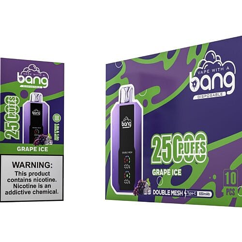 Purple disposable vape device with "Bang" branding, labeled "Grape Ice" and "25,000 puffs," with a nicotine warning at the bottom.