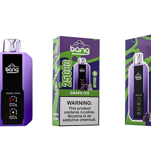 Purple disposable vape device with "Bang" branding, labeled "Grape Ice" and "25,000 puffs," with a nicotine warning at the bottom.
