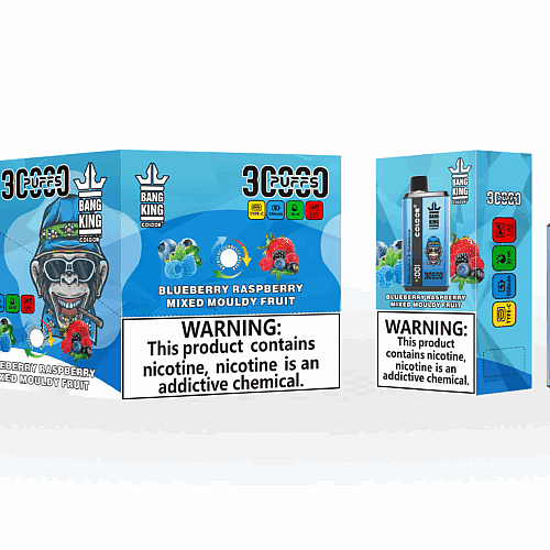 Embalagem do vaporizador "Bang King", com sabor de mirtilo e framboesa, com um macaco estilizado usando óculos escuros e uma bandana. A embalagem inclui advertências de saúde sobre o vício em nicotina.