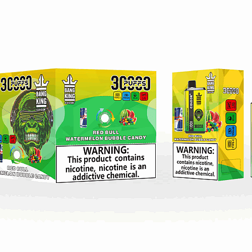 Embalagem de um produto para vaporizador da marca "Bang King", com um gorila colorido. O sabor é rotulado como "Red Bull Watermelon Bubble Candy" com um aviso de nicotina em destaque.