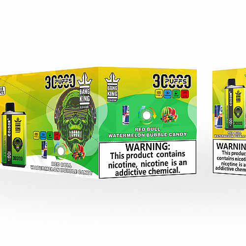 Envase de un producto de vapeo con la marca "Bang King" que presenta un colorido gráfico de un gorila. El sabor tiene la etiqueta "Red Bull Watermelon Bubble Candy" con una advertencia destacada sobre la nicotina.