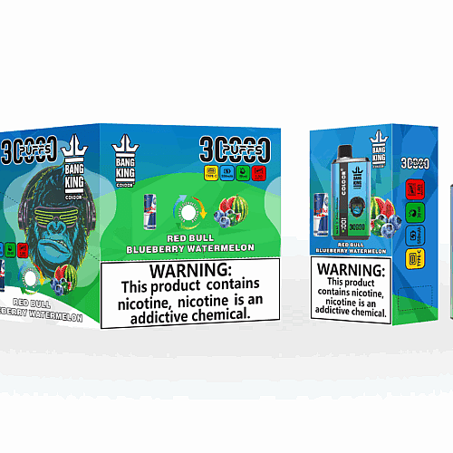 Embalagem de um vape descartável "Bang King" com sabor "Red Bull Blueberry Watermelon". A caixa apresenta a ilustração de um gorila usando fones de ouvido, e o rótulo de advertência do produto diz: "Este produto contém nicotina. A nicotina é uma substância química que causa dependência."
