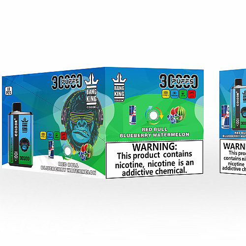Embalaje de un vaporizador desechable "Bang King" con sabor "Red Bull Blueberry Watermelon". La caja muestra una ilustración de un gorila con auriculares y la etiqueta de advertencia del producto dice: "Este producto contiene nicotina. La nicotina es una sustancia química adictiva".