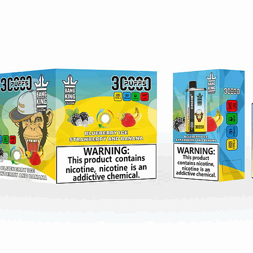 Embalagem do vaporizador descartável "Bang King Color" com sabor "Blueberry Ice, Strawberry and Banana", com um mascote macaco e um aviso sobre a nicotina ser uma substância química viciante.