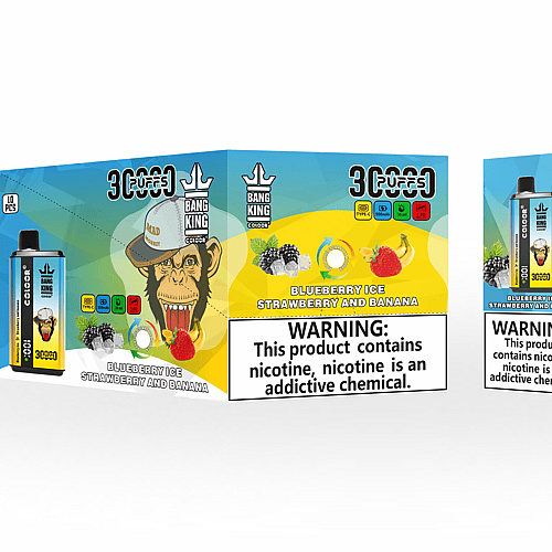 Embalaje del vape desechable “Bang King Color” con sabor a “Blueberry Ice, Strawberry and Banana”, que presenta una mascota mono y una advertencia sobre la nicotina como una sustancia química adictiva.