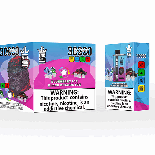 Embalagem para o vape descartável "Bang King Color", com sabor "Blueberry Ice Black Dragon Ice", com ilustrações de mirtilos e gelo, um desenho de dragão e um rótulo de advertência sobre nicotina.