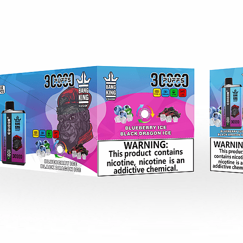 Embalaje para vaporizador desechable "Bang King Color", con sabor "Blueberry Ice Black Dragon Ice", con ilustraciones de arándanos y hielo, un gráfico de dragón y una etiqueta de advertencia de nicotina.