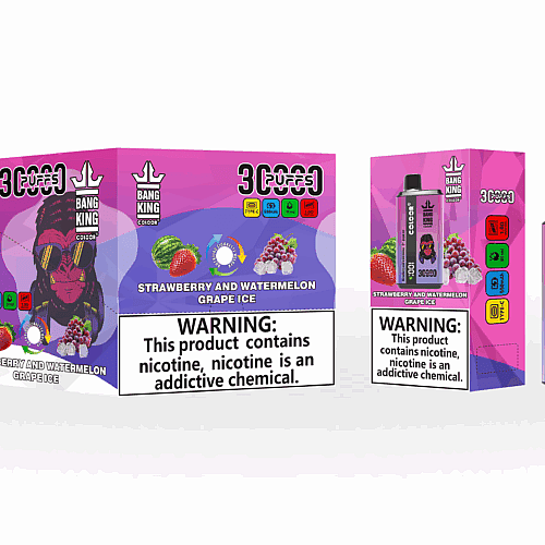 Embalagem do vaporizador "Bang King Color" com sabor "Morango e Melancia, Uva e Gelo", com texto de advertência em negrito informando que o produto contém nicotina. O design inclui cores vibrantes e a imagem de um personagem usando óculos escuros.