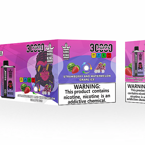 Empaque para el vaporizador "Bang King Color" con sabor a "fresa y sandía con helado de uva", con un texto de advertencia en negrita que indica que el producto contiene nicotina. El diseño incluye colores vibrantes y un gráfico de un personaje con gafas de sol.