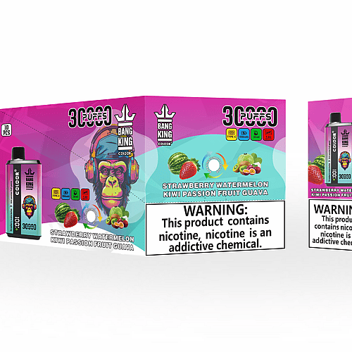 "Empaque para vaporizador desechable Bang King Colors en sabor fresa, sandía, kiwi, maracuyá y guayaba, que presenta un diseño colorido con un mono con auriculares y etiquetas de advertencia de nicotina".
