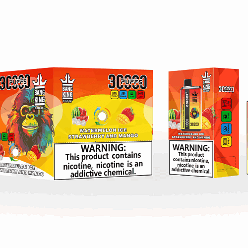 Design de embalagem do vape descartável Bang King com uma ilustração colorida de um gorila, rotulado "Watermelon Ice Strawberry and Mango", apresentando especificações do produto e um aviso de saúde sobre o vício em nicotina.