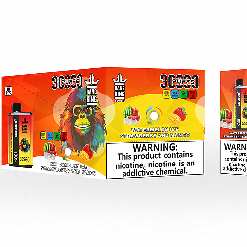 Diseño de empaque del vaporizador desechable Bang King con una colorida ilustración de un gorila, etiquetado "Sandía, hielo, fresa y mango", que presenta las especificaciones del producto y una advertencia de salud sobre la adicción a la nicotina.