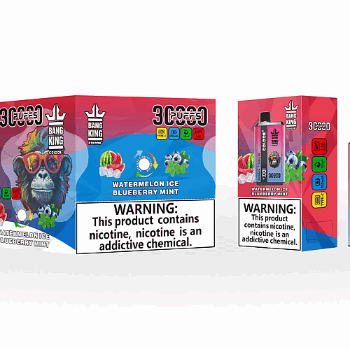 Embalagem do vaporizador descartável Bang King no sabor "Melancia, Gelo, Mirtilo e Hortelã", com um gorila colorido usando óculos escuros, além de rótulos de advertência sobre nicotina.