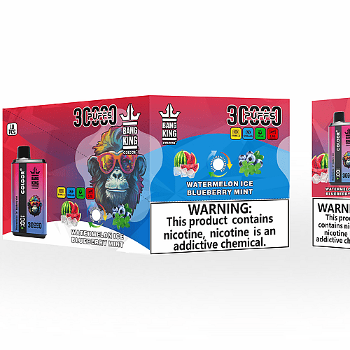 Embalaje del vaporizador desechable Bang King con sabor "Watermelon Ice Blueberry Mint", que presenta un gorila colorido con gafas de sol, junto con etiquetas de advertencia de nicotina.