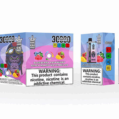 Embalagem do vaporizador descartável Bang King com um gorila colorido, exibindo sabores como mirtilo, framboesa, pêssego, manga e melancia. A embalagem inclui um rótulo de advertência sobre nicotina.
