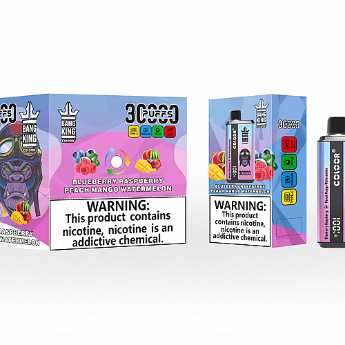 El empaque del vaporizador desechable Bang King presenta un gráfico colorido de un gorila y sabores como arándano, frambuesa, melocotón, mango y sandía. El empaque incluye una etiqueta de advertencia sobre la nicotina.