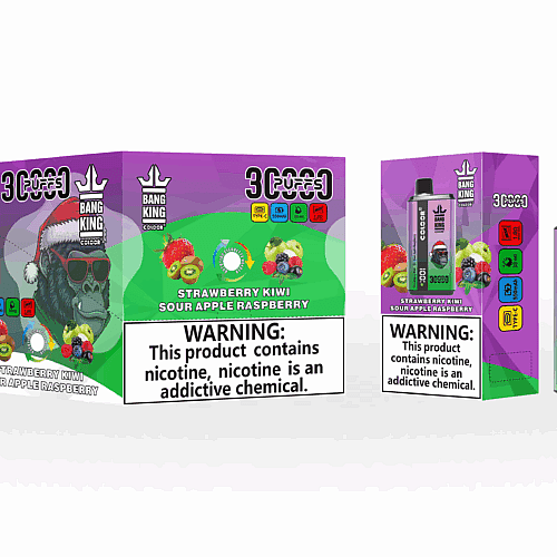 Dispositivo vape descartável Bang King com sabor de morango, kiwi, maçã azeda e framboesa, com um gorila com chapéu de Papai Noel e óculos de sol na embalagem, além de avisos sobre a nicotina ser uma substância química viciante.