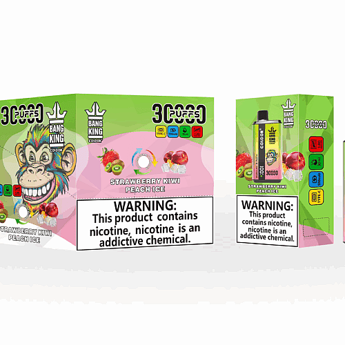 Embalagem para vape Bang King Color com um macaco de desenho animado, sabor "Morango, Kiwi, Pêssego e Gelo" e um rótulo de advertência sobre nicotina.
