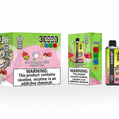 Embalaje para vaporizador Bang King Color con un mono de dibujos animados, sabor "Strawberry Kiwi Peach Ice" y una etiqueta de advertencia de nicotina.