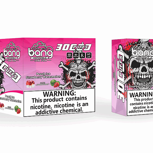 Embalagem do vape descartável "Vape With A Bang 30K Pro", com design de caveira e logo da marca. Inclui avisos sobre dependência de nicotina e descrições de sabores como Pêssego Gelado e Morango Melancia.