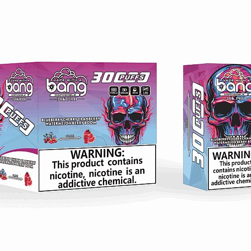 Embalagem do vaporizador descartável Bang 30K Pro com design de caveira colorida, rótulo "30 Puffs" e alerta sobre dependência de nicotina. O sabor é "Blueberry Cherry Cranberry Watermelon Berry Boom".