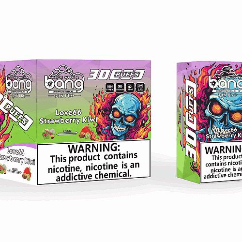 Embalagem descartável para vape Bang com um design vibrante de caveira flamejante, etiquetada com "Love66 Strawberry Kiwi" e "30 puffs", além de um aviso sobre dependência de nicotina.