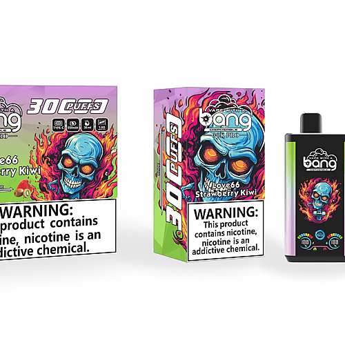 Confezione per sigaretta elettronica monouso Bang con un vivace motivo a teschio fiammeggiante, etichetta con la scritta "Love66 Strawberry Kiwi" e "30 puffs", insieme a un'avvertenza sulla dipendenza da nicotina.