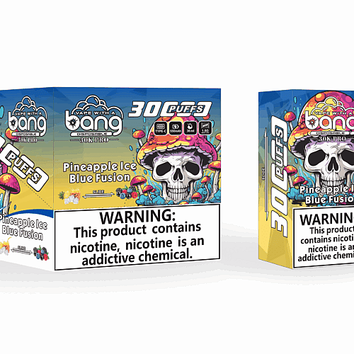 Embalagem do vaporizador "Bang 30K PRO Descartável", com uma caveira e um cogumelo psicodélico. O sabor é "Pineapple Ice Blue Fusion" e a embalagem anuncia 30 tragadas com um aviso de nicotina.