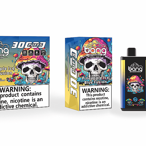 Confezione per lo svapo "Bang 30K PRO Disposable", raffigurante un teschio con un design di fungo psichedelico. Il sapore è "Pineapple Ice Blue Fusion" e pubblicizza 30 tiri con un avviso di nicotina visualizzato.