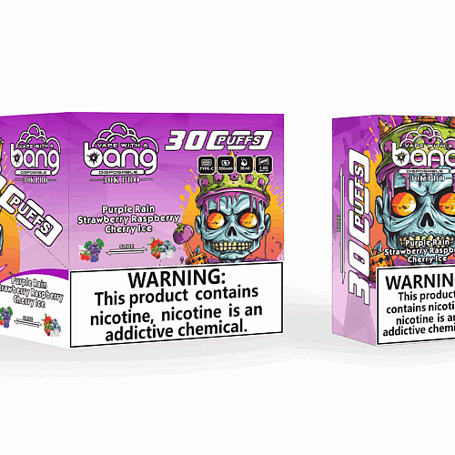 Embalagem de um vaporizador descartável com o rótulo "Vape with a Bang" (Vapor com um Estrondo), com uma caveira colorida e uma coroa. A caixa destaca "30.000 tragadas", as opções de sabor "Purple Rain", "Morango com Framboesa", "Cherry Ice" e inclui avisos sobre nicotina.