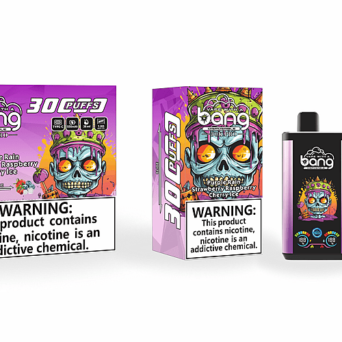 Confezione di una sigaretta elettronica usa e getta etichettata "Vape with a Bang", raffigurante un teschio colorato con una corona. La scatola evidenzia "30.000 puff", le opzioni di gusto "Purple Rain, Strawberry Raspberry, Cherry Ice" e include avvertenze sulla nicotina.
