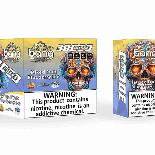 Embalagem do vaporizador descartável "Bang 30K PRO" sabor "Mixed Fruit Blueberry Ice", com um design de caveira colorida e um rótulo de advertência de nicotina.