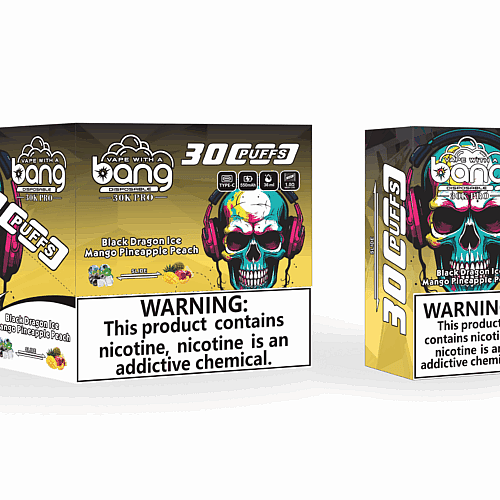 Embalagem para um vape descartável Bang, com uma caveira colorida e fones de ouvido. A caixa anuncia "30 tragadas" com os sabores Black Dragon Ice, Manga, Abacaxi e Pêssego, e inclui um texto de advertência sobre nicotina.
