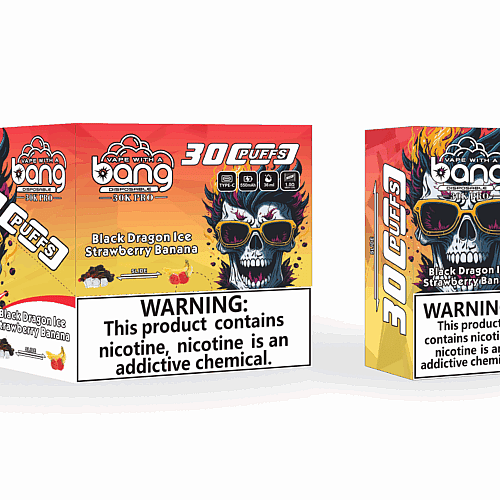 Embalagem e um dispositivo de vaporização para "Vape With a Bang" com uma caveira colorida usando óculos escuros, destacando "30K Puffs" com sabor "Black Dragon Ice Strawberry Banana" e um rótulo de advertência sobre dependência de nicotina.